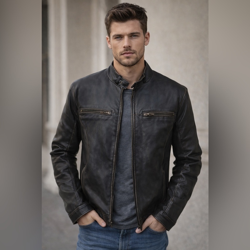 NWT Vintage Men GUESS Black Distressed Leather Motorcycle Jacket Size Small